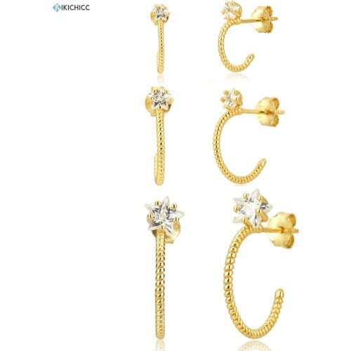 Kikichicc 100% 925 Sterling Silver Three Size Circle Circle Earring Clear Star Crystal CZ Hoops Huggies Round Gold Fine Jewelry