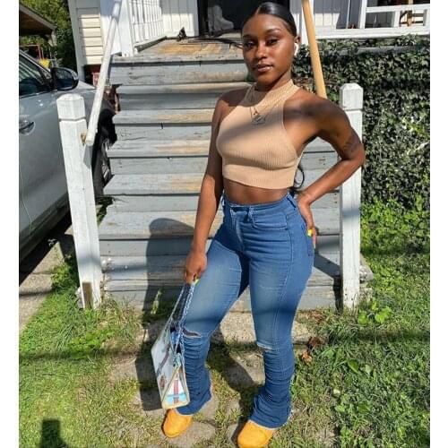 Women Stacked Leggings, Casual High Waist Skinny Ruched Bell Bottom Denim Pants with Ripped Holes