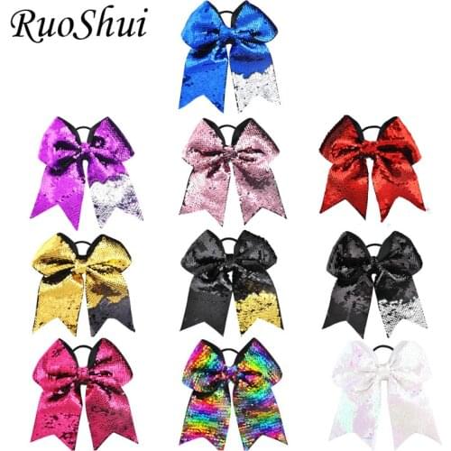 8 inch 10pcs/lot Rainbow Sequin Mermaid Ribbon Big Large Bow Elastic Hair Band Cheerleading Girls Hair Accessories