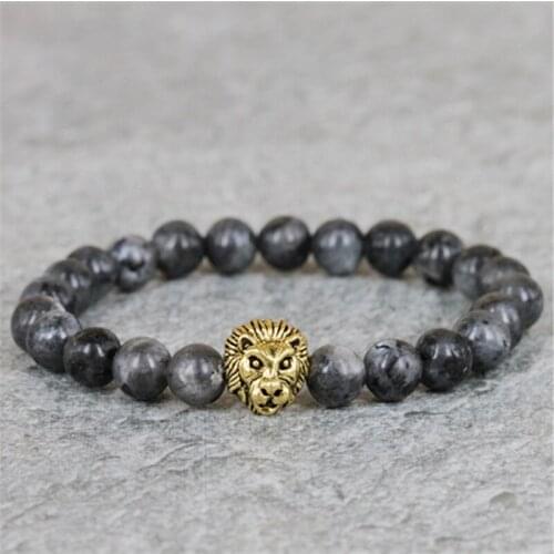 2017 New Design Mens Bracelets,8mm Grey Labradorite Stone Bead Bracelet ,Antique Two Color Lion Head Bracelets