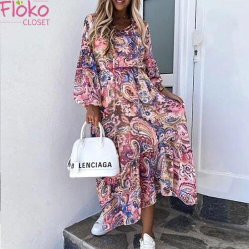 Flokocloset Autumn Colorful Print V-Neck Lantern Sleeve Maxi Dress Spring Long Sleeve Bohemian Party Long Dress