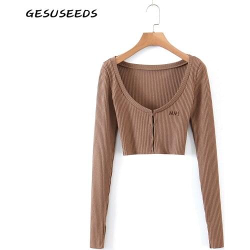 Long sleeve shirt women sexy v neck top korean knitted cropped t shirt vintage letter embroidered top ribbed black t shirts 2021