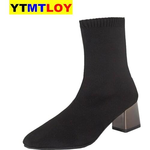 Womens sexy mid heel shoes socks boots autumn and winter fashion knitted stretch boots women black ankle boots size 35-40