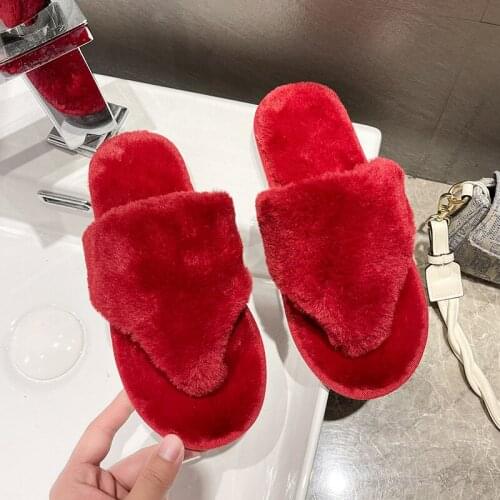 Slippers Womens Home Furry Cotton Slippers, 2021 Autumn and Winter New Home Fashion Flat-heeled Rabbit Fur Flip-flops