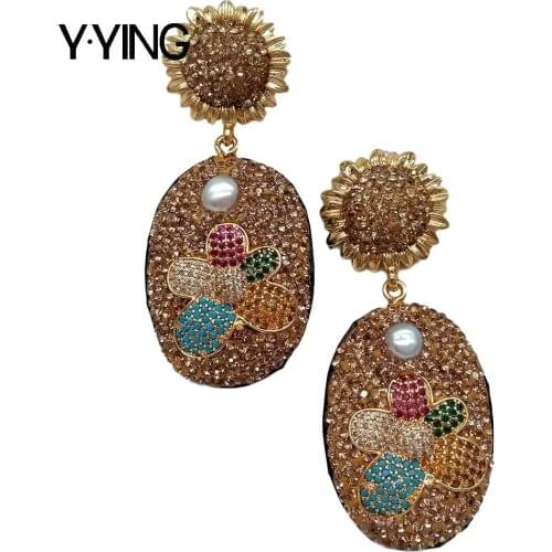 Y·YING Gold Crystal Pave Cubic Zirconia Pave Flower gold color plated Stud Earrings for women