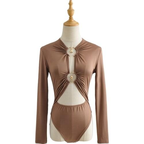 2021 New Ladies Hollow Out Bodysuits V-neck Slim Sexy Long-Sleeve Thin Bodycon Jumpsuit