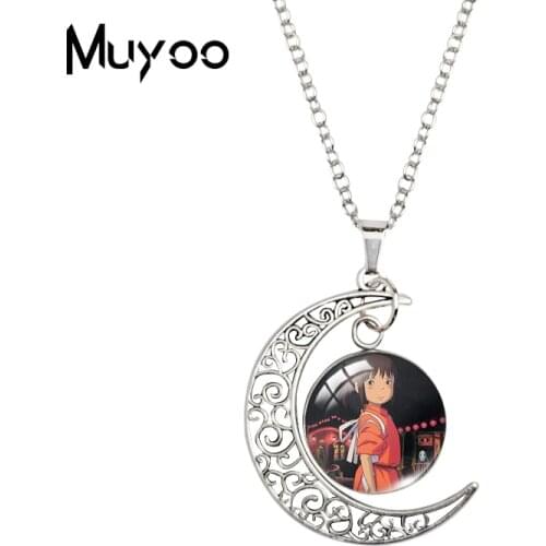 2020 New Spirited Away Moon Necklace Chihiro and Haku Pendant No face man Glass Dome Necklaces 20mm Art Moon Jewelry