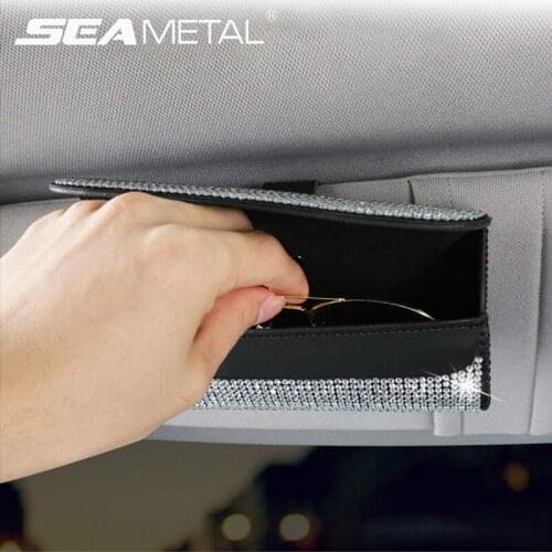 Car Sunglasses Holder Bling Sunshade Glasses Box Interior Auto Sun Visor Sunglasses Bag Crystal Diamond Box for Men Women Girls