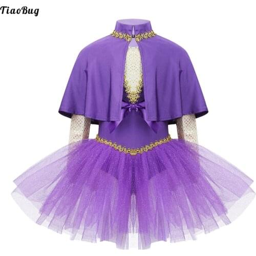Kids Girls Halloween Showman Costume Outfit Sleeveless Sequined Splice Bowknot Glitters Mesh Leotard Dress With Cape Arm Sleeve