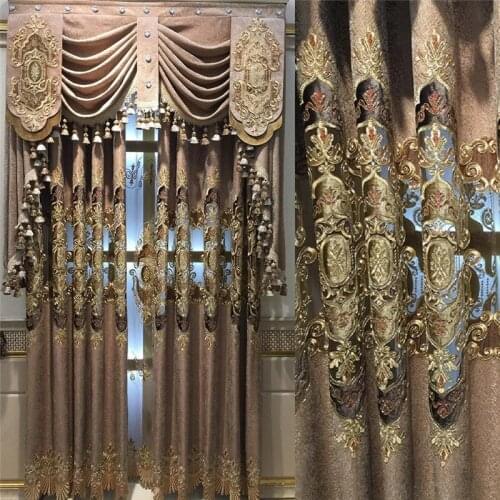 European Luxury Embroidered Curtains for Living Room Brown Blue Semi-Blackout Chenille Heavy Fabric Balcony Window Drapes JS93C