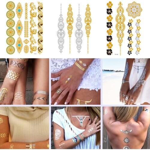 Flash Metallic Waterproof Tattoo Gold Silver Women Fashion Henna /Peacock Feather Design Temporary Tattoo Stick Paster Wholesale
