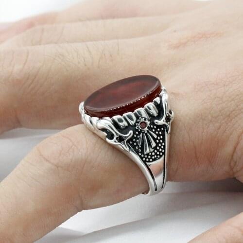 Guarantee 925 Sterling Silver Mens Ring Red Natural Agate Stone Handcrafted Turkish Jewelry Claw Spots Rock Jewelry Party Gift