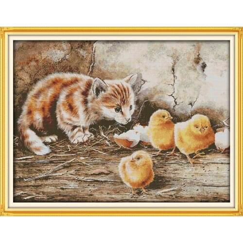 Joy Sunday The Curious Cat Chinese Cross Stitch Kits11&14CT Ecological Cotton Stamped Printed DIY New Year Decorations for Home