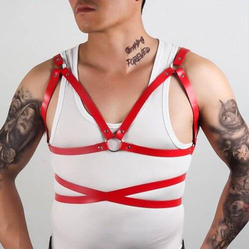 Men Black Sexy Leather Chest Harness Adjustable Sexual Body Bondage Cage Belts BDSM Fetish Rave Gay Clothing For Adult Sex Vest
