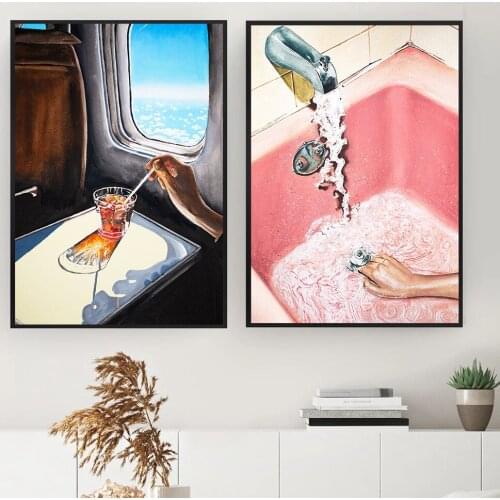 Glass in Airplane Art Print Retro Mid Century Mad Men Painting Poster Vintage Pink Bathroom Wall Picture for Living room Decpr