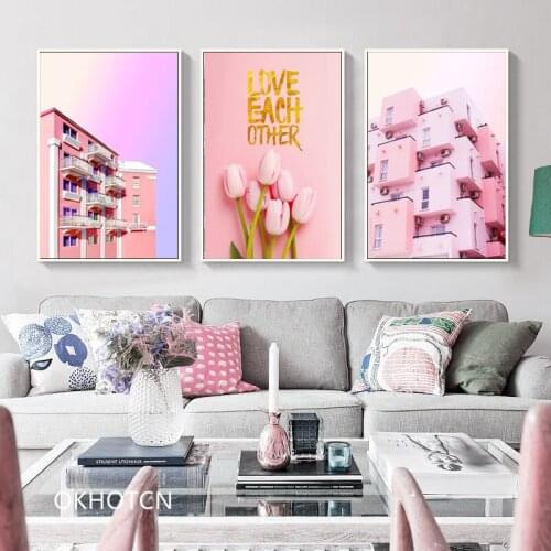 Pink Flowers Plant Building Wall Art Pictures Abstract Beautiful Canvas Painting Home Decor Mural Poster For Living Room