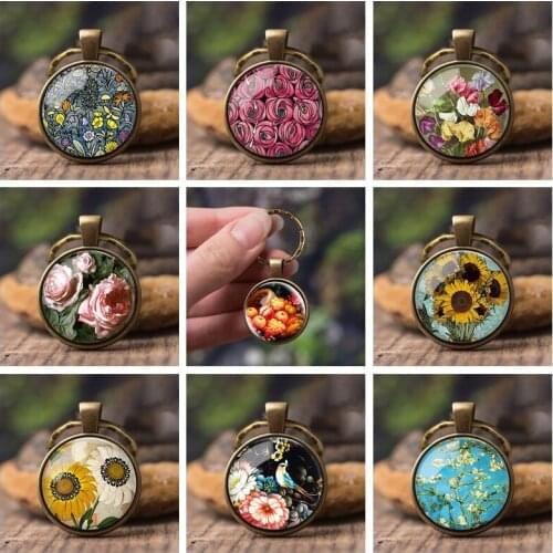 2019 New Sunflower Oil Painting Key Chain Art Scenery Keyring Photo Glass Cabochon Handmade Car Bag Keychian Jewelry