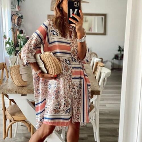 Summer New Womens Loose Lapel 7 / 6 Sleeve Printed Button Elegant Loose Lady Beach Style Mini Dress
