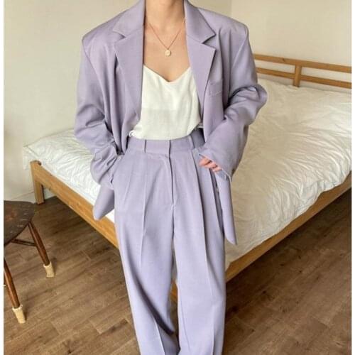 Office Ladies Womens Pantsuit Purple Single-Breasted Suit Jacket and High-Waist Straight-Leg Pants Suit Two Piece Formal Suits