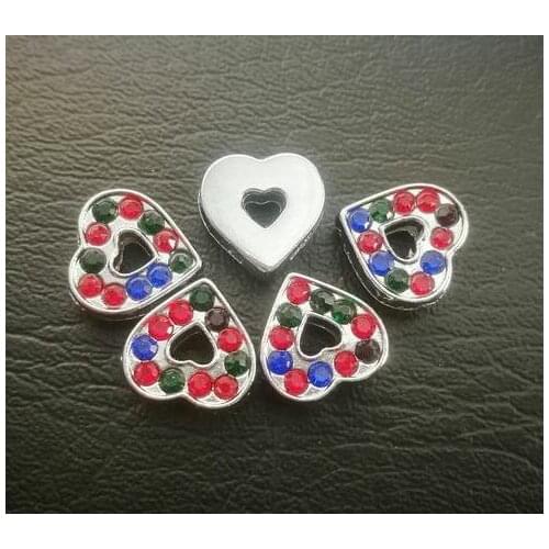 Wholesale 100pcs/lot 8mm colorful full rhinestones heart slide charm fit for 8MM diy key chains fashion jewelrys