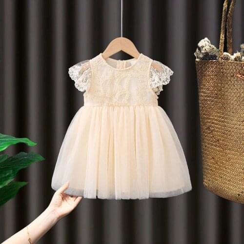 Girls Dress Kids Clothes Summer Flare Sleeve Embroidery Children Clothing Toddler Dresses Beige 0-5Y