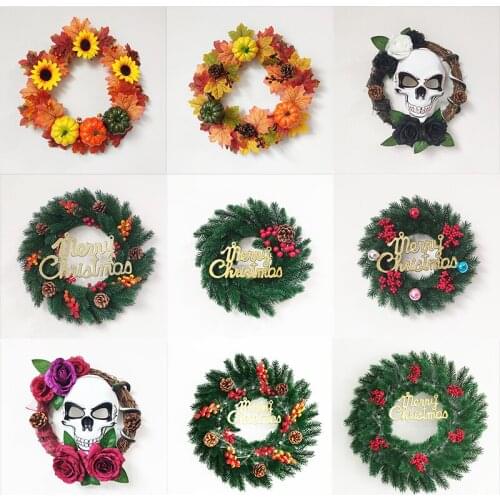 Christmas Pine And Berries Wreath Autumn Leaves Garland Halloween Horror Skull Wreath For Home Decoration Door Ornament