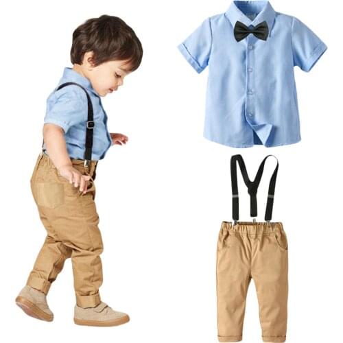 FOCUSNORM 1-6Y Gentleman Kids Boys Clothes Sets Formal Suit Blue Bowknot Shirts with Suspender Pants Overalls