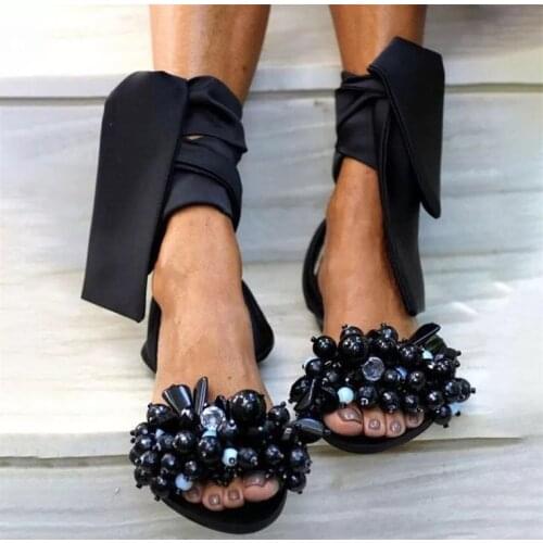 Summer Sandals Women 2021 Fashion Shoes Ankle Strap Flat Sandals Beaded Flowers Womens Shoes Open Toe Shoes Large Size 35-43