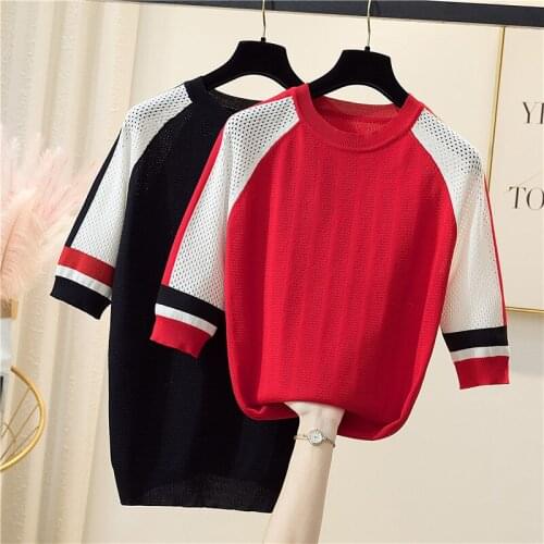 V-neck short-sleeved sweater bottoming shirt womens t-shirt loose thin Patchwork hollow out pullover spring summer plus size