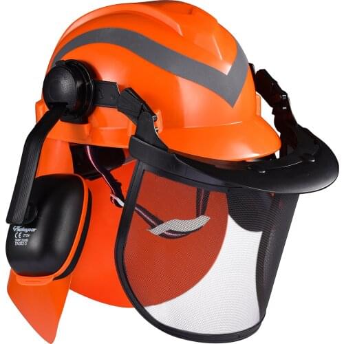 SAFEYEAR Pro Forestry Chainsaw Safety Helmet With Adjustable 27SNR Ear Muffs,Mesh Visor M-5009OR Hard Hat For Landscaping Work