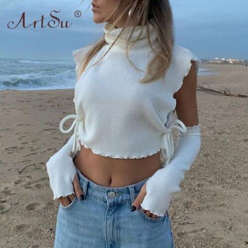 ArtSu Turtleneck Rib Knit Lace Up With Long Gloves Sexy Hollow Out Crop Top White T Shirt Chic Fashion Women Tops Streetwear