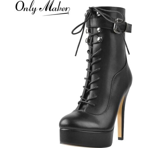 Onlymaker Lace-Up Platform Ankle Boots Matte Black Soft PU Leather Stiletto High Heels Shoes Side Zipper Concise For Women