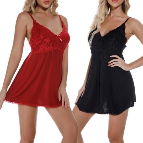 Women Sexy Two-piece Nightwear Set Solid Color Deep V-neck Slip Dress and Panties Black/ Wine Red/ White