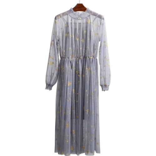 PERHAPS U Gray Beige Navy Star Moon Embroidery Mesh Long Sleeve Stand Collar Midi Elegant Sweet Party Loose Dress Runway D0201
