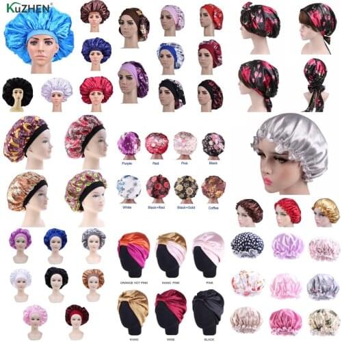1pc Long Hair Care Women Satin Bonnet Cap Night Sleep Hat Silk Head Wrap Adjust Shower Caps Knitted Bathing Caps