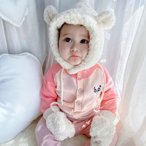 2020 Baby Girls Boys Hat Gloves Set Winter Velvet Warm Toddler Kids Hats & Caps Cartoon Ears Fur Bomber Hat Glove Two Piece Set