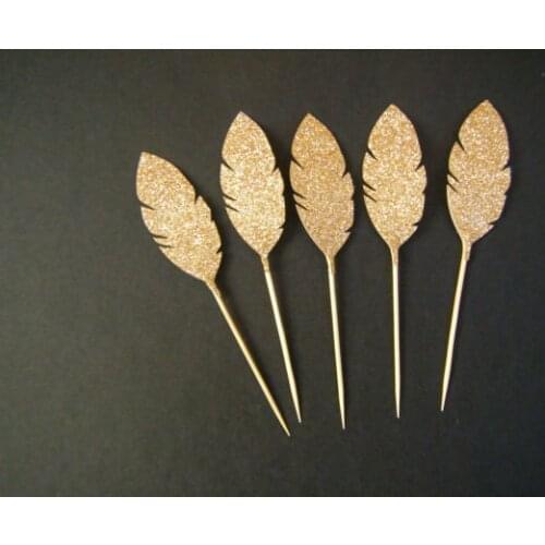 Antique gold Glitter Feather Cupcake Toppers wedding tea Party Decor food picks Birthday bridal baby shower cake decorations