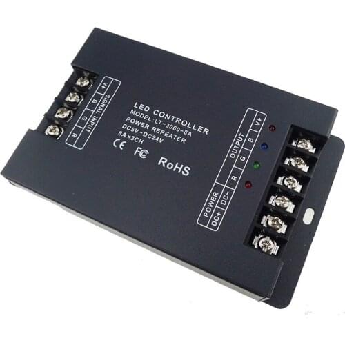 Free shipping 12V 24V 24A CV Power Repeater Signal Amplifier 3channels 8A RGB Controller for LED 5050 STRIP CV/CC PWM