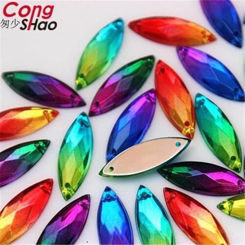 Cong Shao 100pcs 7*21mm Drop Double color stones and crystals Acrylic Horse eye rhinestone flatback sewing 2 Hole costume YB276