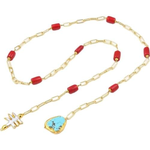 GuaiGuai Jewelry Natural Freshwater Cultured White Baroque Pearl Gold Color Red Coral Sweater chain Necklace Handmade For Women
