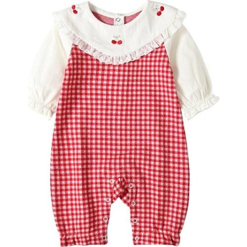 Autumn Baby Rompers Cotton Plaid Cherry Embroidery Girls Clothes One-Piece Pajamas 0-18 Months Kids Jumpsuit Outfits