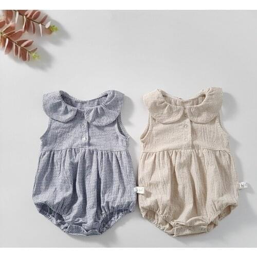 Cute Newborn Baby Girl Clothing Sleeveless Peter Pan Collar Plaid Bodysuit Jumpsuit Body Suis Summer Clothes 0-24Months