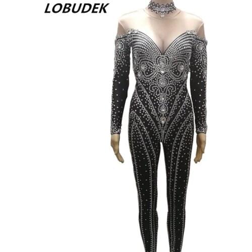 Zentai Rhinestones Black Jumpsuit Female Crystals Bodysuits Nightclub Stage Costume Singer Party Catwalk Performance Clothing
