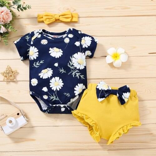 3pcs Infant Baby Girl Clothes Toddler Summer Cotton Casual Outfits Set Letter Bodysuit Bow Shorts Headband Baby Clothes