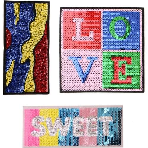 LoveSweet letter Sequin icon Embroidered Iron on Patches for Clothing DIY Stripes Clothes Patchwork Stickers Custom Badges
