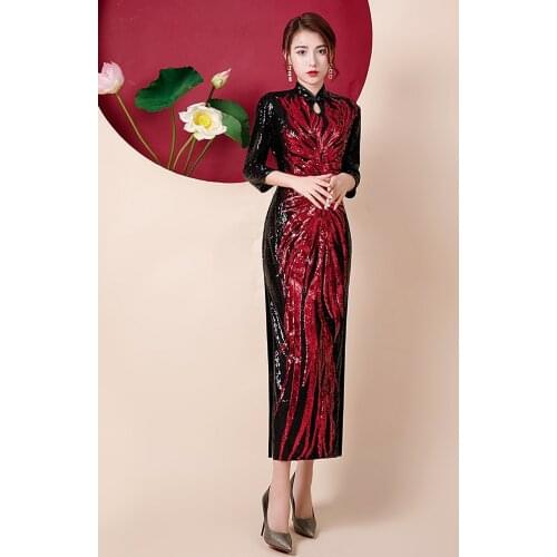 Fashion Sequins Embroidered Evening Dress Side-Slit Formal Occasion Women Black Red Long-Sleeve Tea-Length China Cheongsam 2020