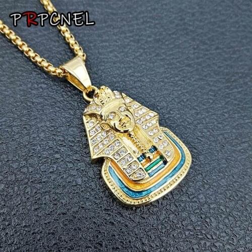 Punk Silver Gold Color Ancient Egypt King Tut Pharaoh Pendant Necklace zircon Cuban Chain Stainless Steel Mens Hip Hop Bling