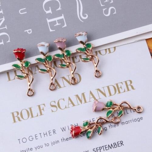 50PCS High Quality 10*28mm Gold color Alloy Material Enamel Rose Flower Charm Pendant for DIY handmade Jewelry Making wholesale