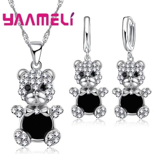 Lovely Bear Pendant Necklace Earrings for Women Female 925 Sterling Silver Austrian Crystal Bridal Jewelry Sets
