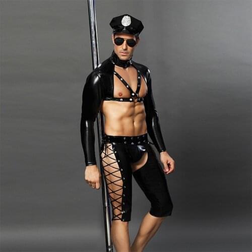 Role Play Mens Sexy Leather Police Uniform Set Cosplay Uniform Gay Bar Pole Dance Costume Outfit